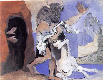 Pablo Picasso : minotaur and dead mare before a cave facing a girl in a veil